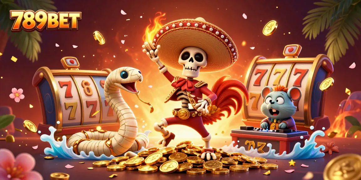 Join the exciting wins at 789BET as the lively characters dance among jackpot slot symbols and golden coins!